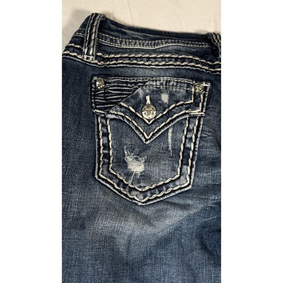 Miss Me Jeans Womens 30 Blue Mid Rise Bootcut Distressed Flap Pockets Rhinestone - Picture 14 of 16